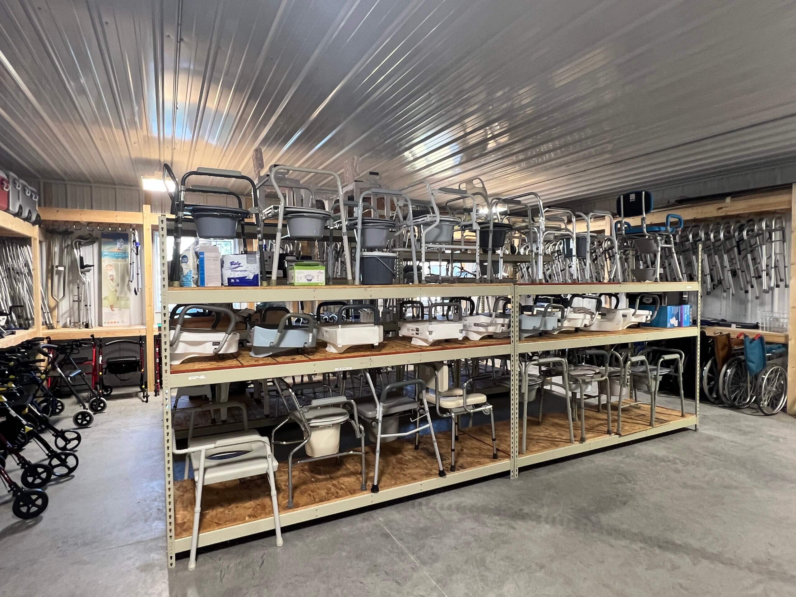 Shelves of durable medical equipment waiting to be loaned at Rebuilding Together